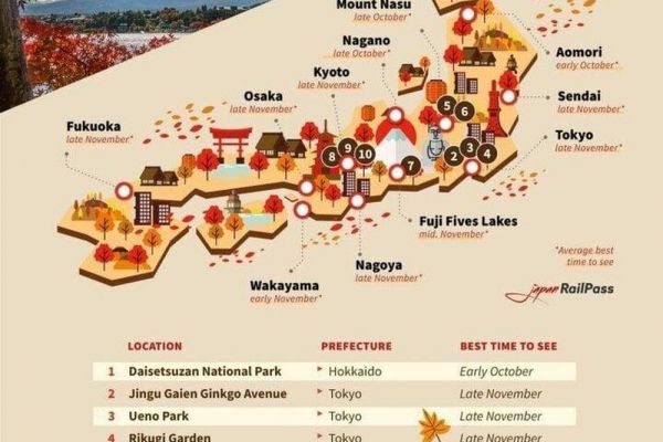 Bản đồ lá vàng mùa thu cho những người sẽ đi du lịch Nhật Bản