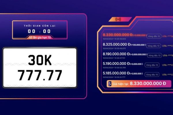 Biển số VIP của Hà Nội 30K-777.77 tái xuất chốt giá 8,33 tỷ đồng sáng 10/4